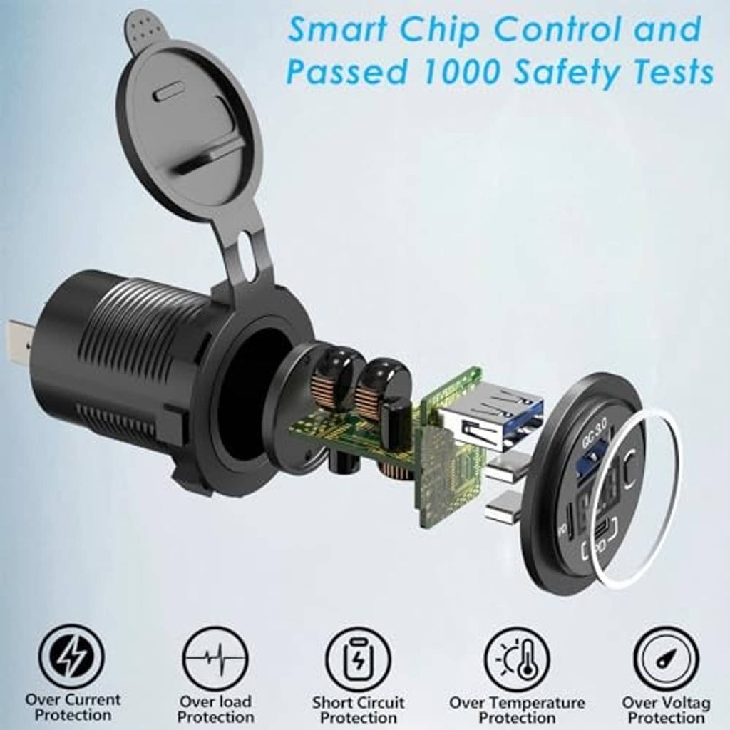 Black car USB-C charger with smart chip controls, multiple safety protection icons shown