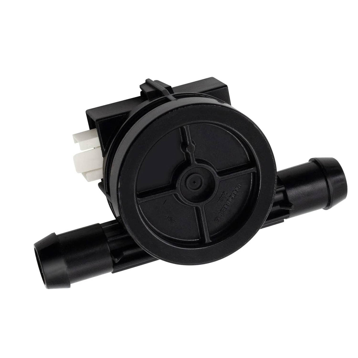 Black inlet flow meter replacement with circular sensor housing and twin hose nozzles