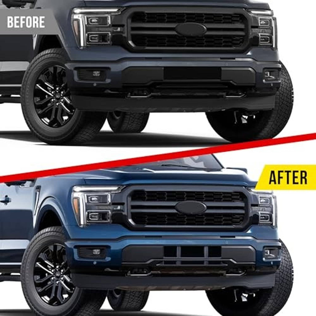 Truck front bumper grille area after installation with dark mesh center and headlight surrounds