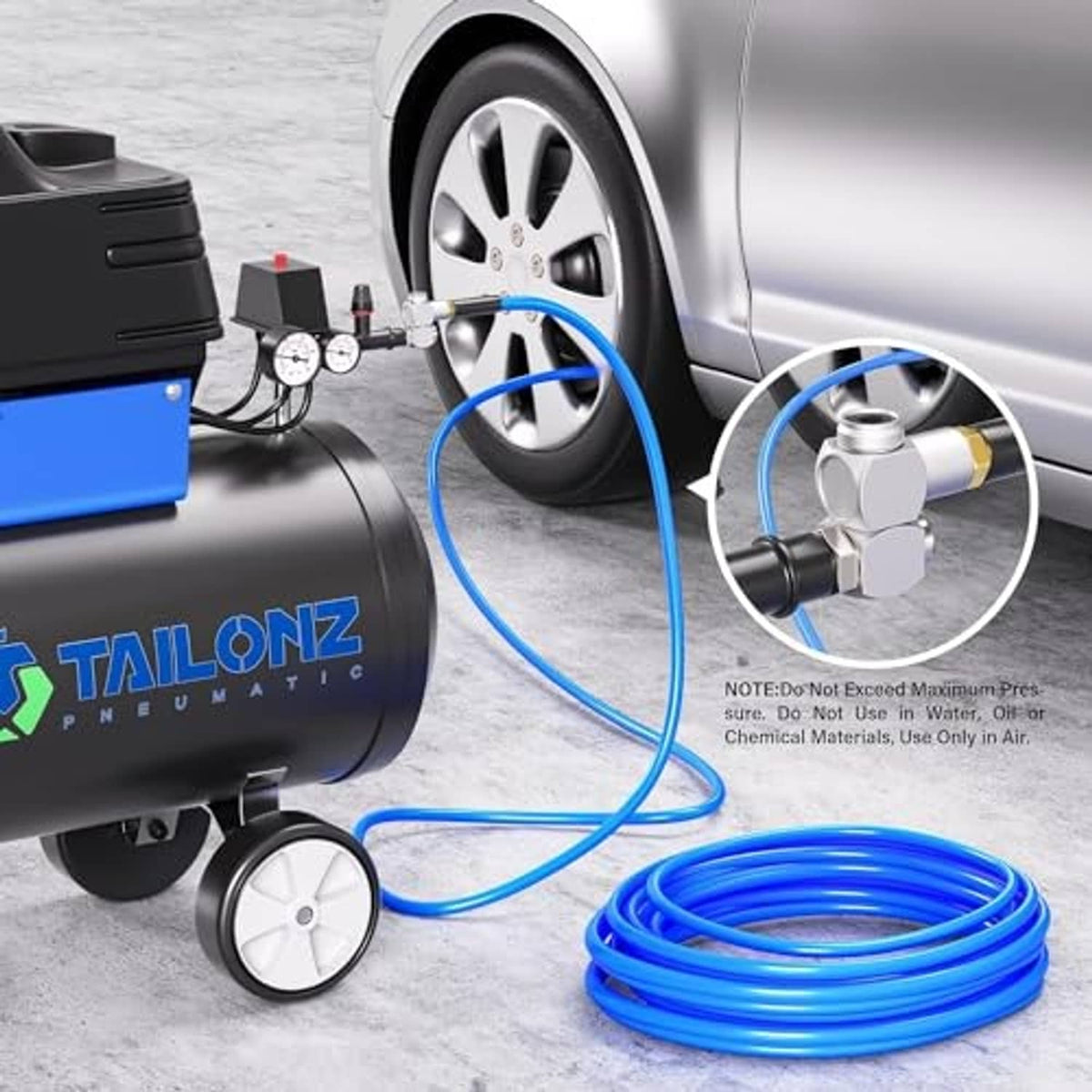 Air tool swivel fitting adapter connecting a blue air hose near a wheel compressor