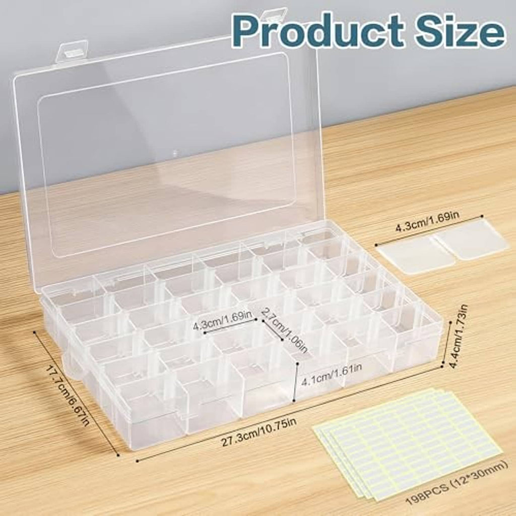 Clear plastic compartment box with adjustable grid sections and included label sticker sheets