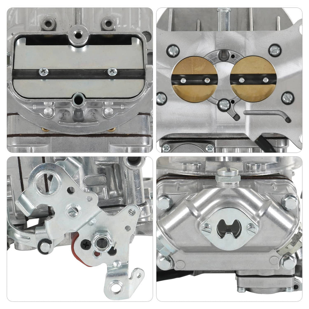 Carburetor close-up details with cover plate, dual throttle bores, and mounting points