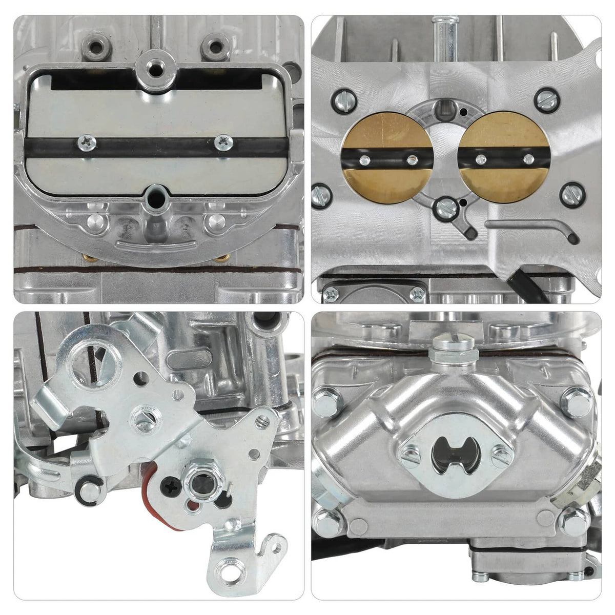 Carburetor close-up details with cover plate, dual throttle bores, and mounting points