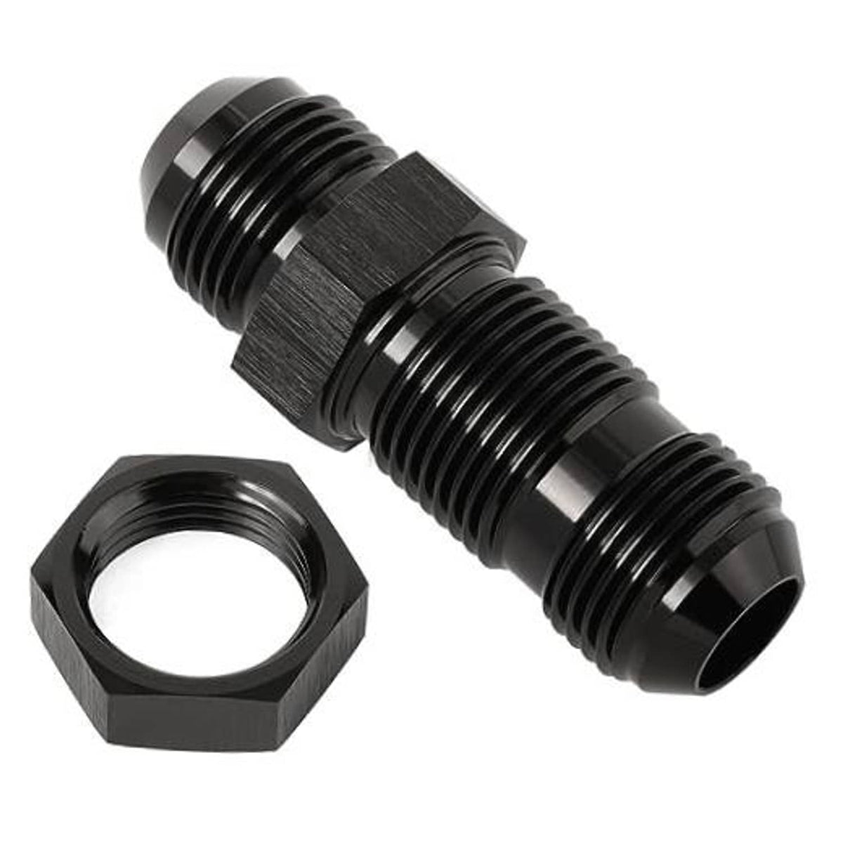 10AN male straight flare bulkhead fitting adapter with nut, black anodized aluminum