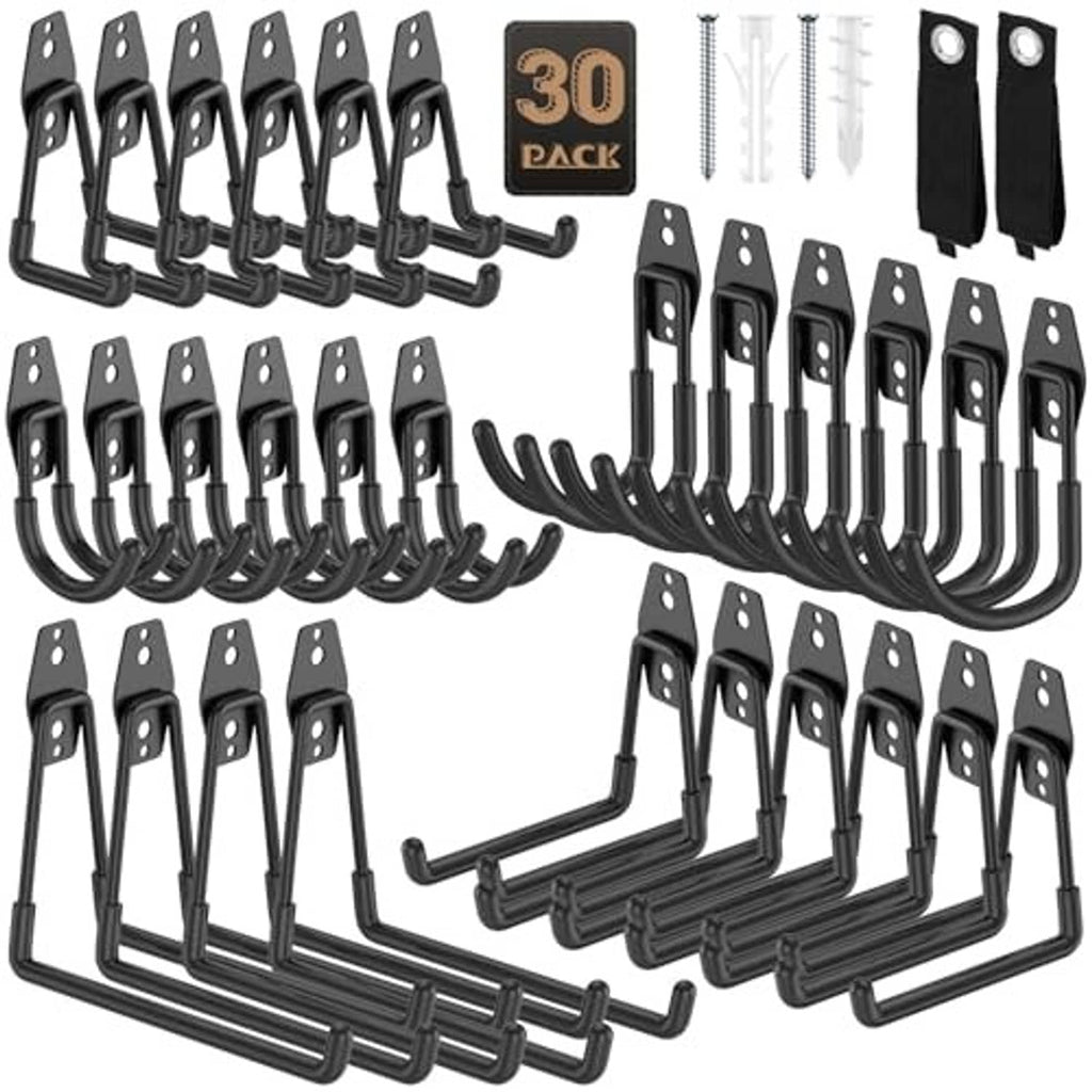 Black garage hook set with U-shaped hooks, mounting straps and included screws