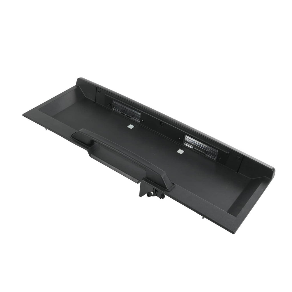 Rear tailgate license pocket with front panel opening and mounting tabs, black plastic