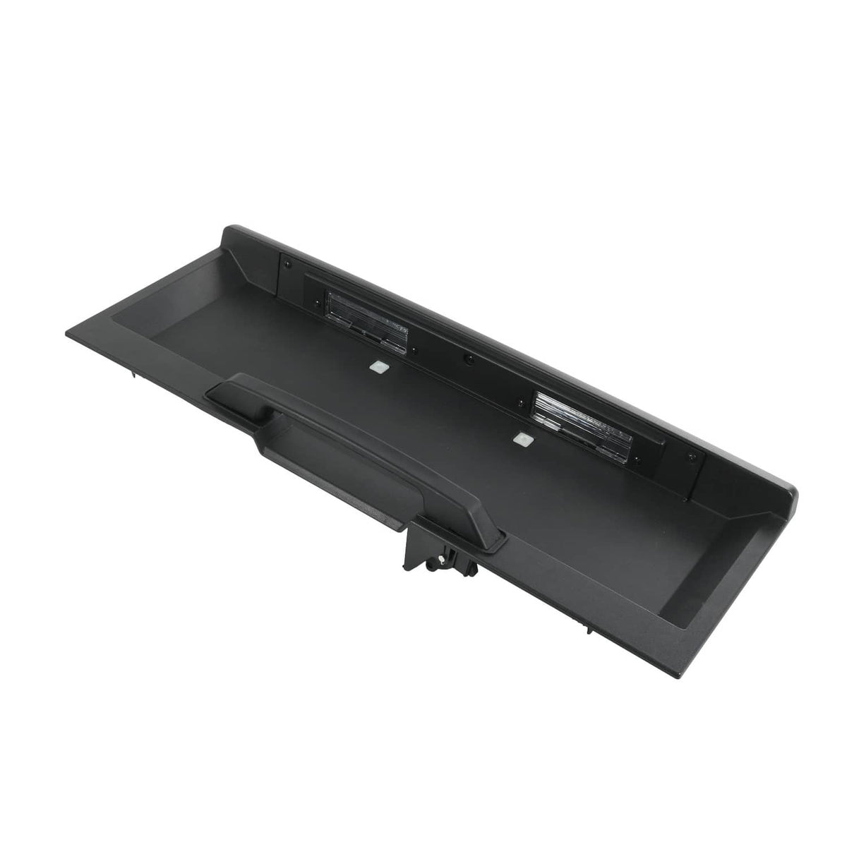 Rear tailgate license pocket with front panel opening and mounting tabs, black plastic