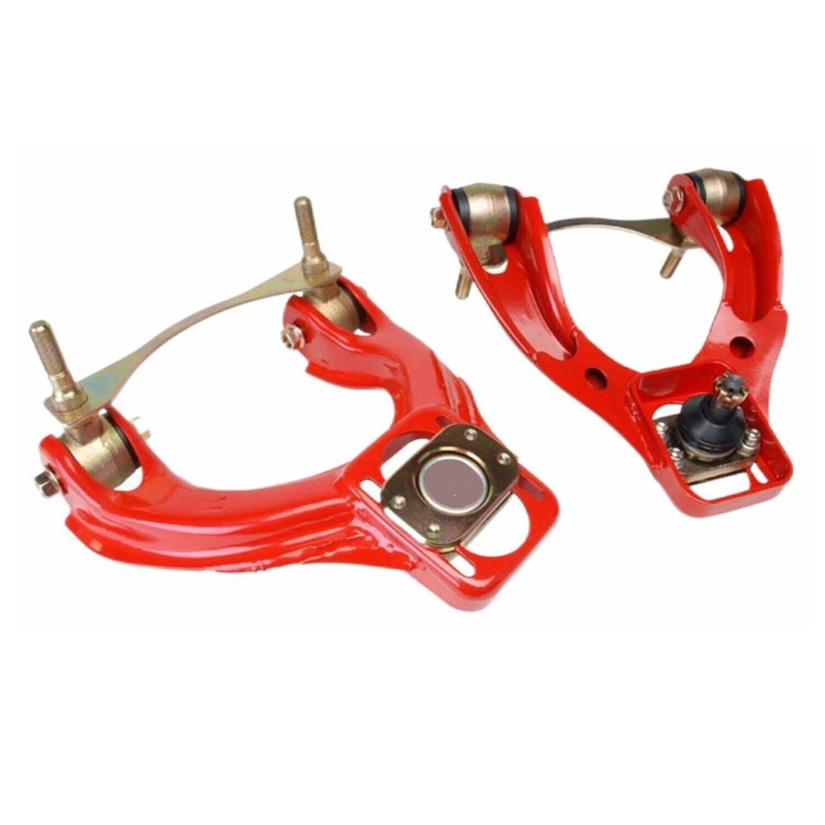 Front upper camber arm bushing kit with red control arms and rubber bushings