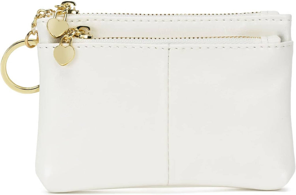 White PU leather mini coin purse with gold key ring and heart charm front