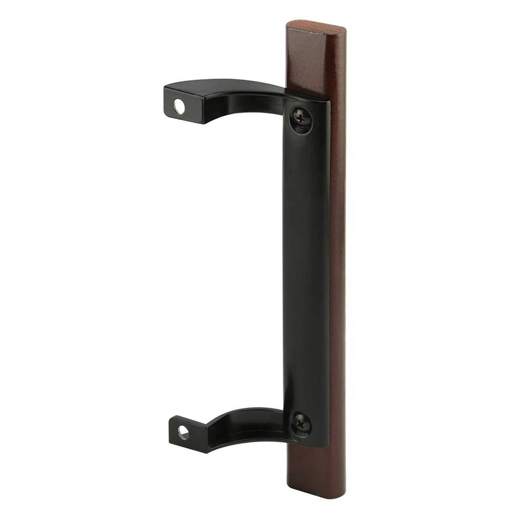 Sliding glass door pull handle with dark wood grip and black curved levers, mounting screws
