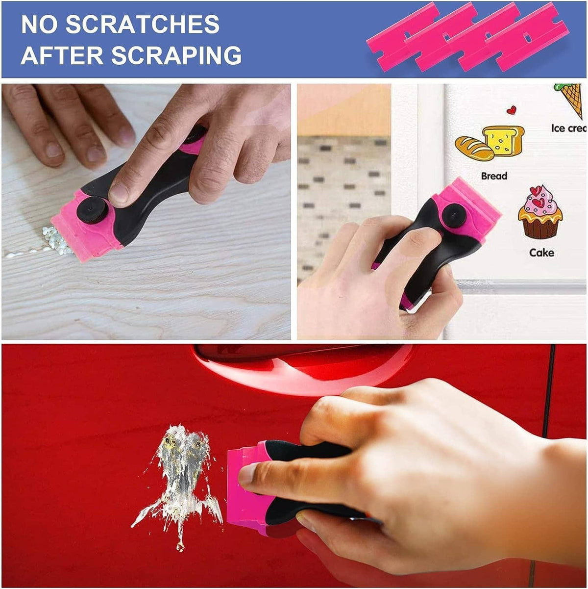 Double-edge razor scraper with pink blade and black handle, hands using it on a surface