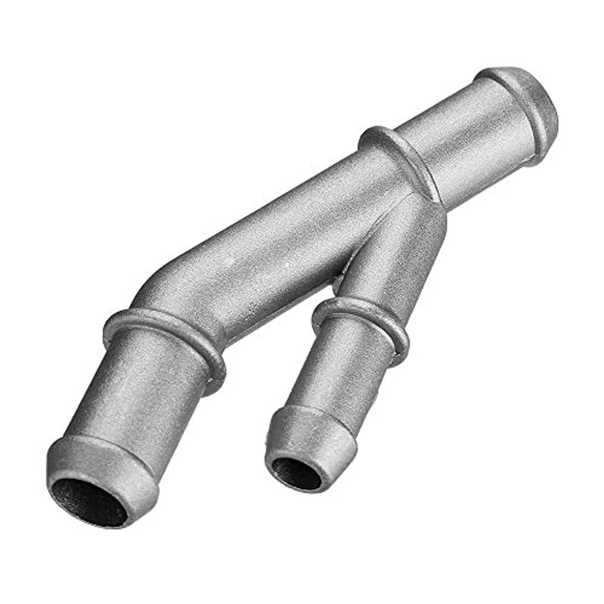 Aluminum coolant hose connector with two branch fittings and black end openings
