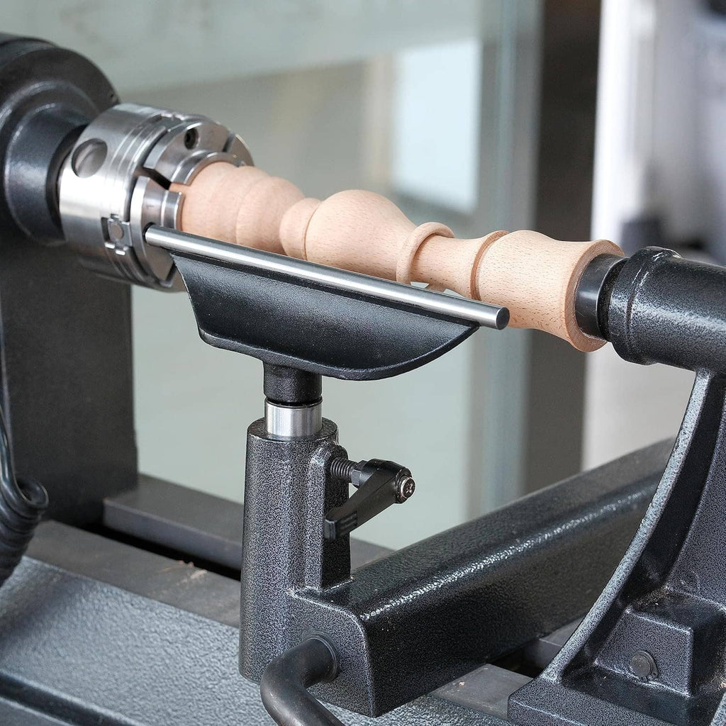 Lathe tool rest with black curved base and metal post holding a wood workpiece