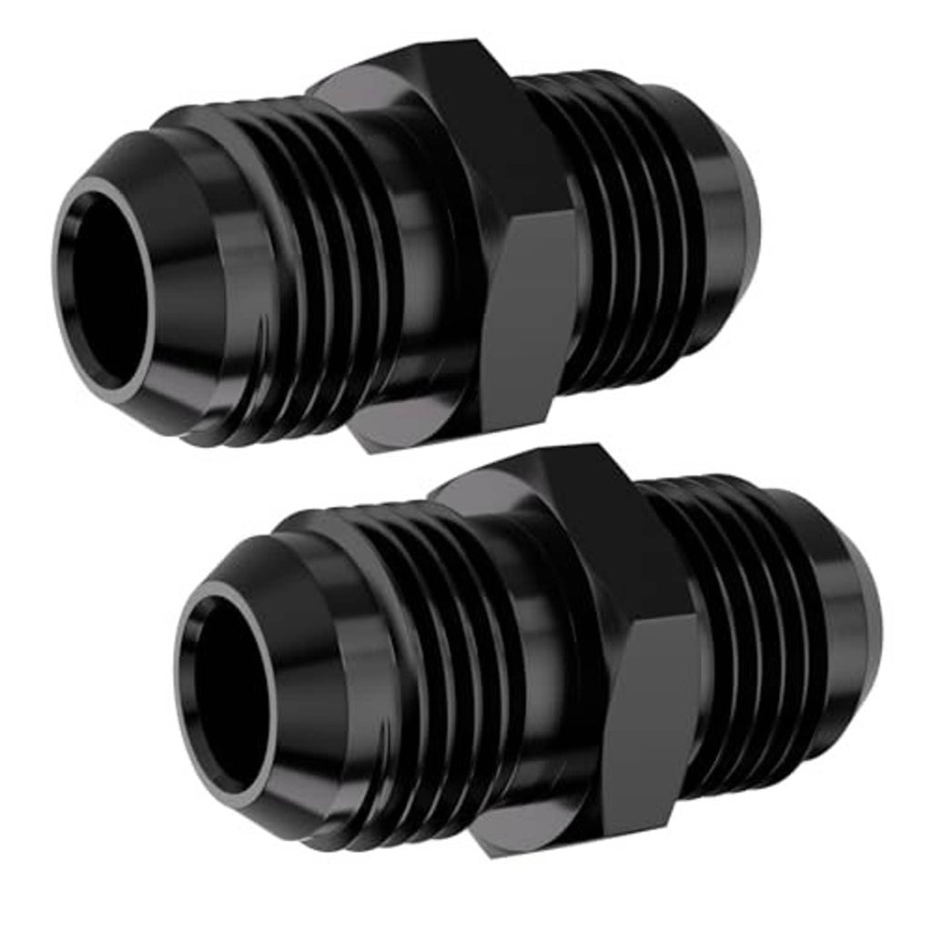 AN10 male flare straight fitting, black metal, flared threaded ports on a hex connector.