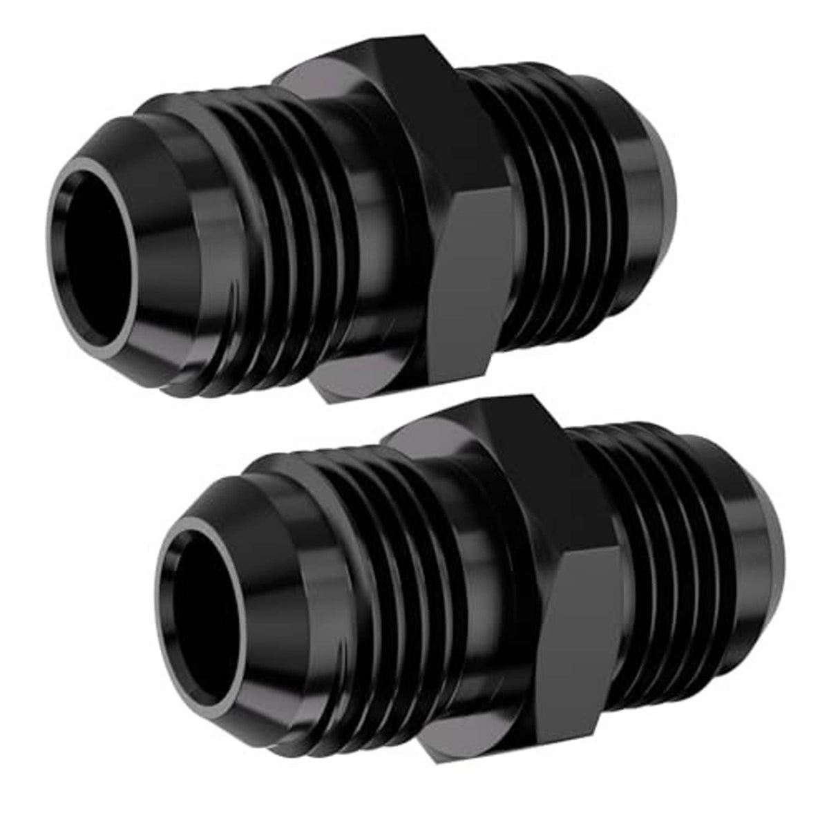 AN10 male flare straight fitting, black metal, flared threaded ports on a hex connector.