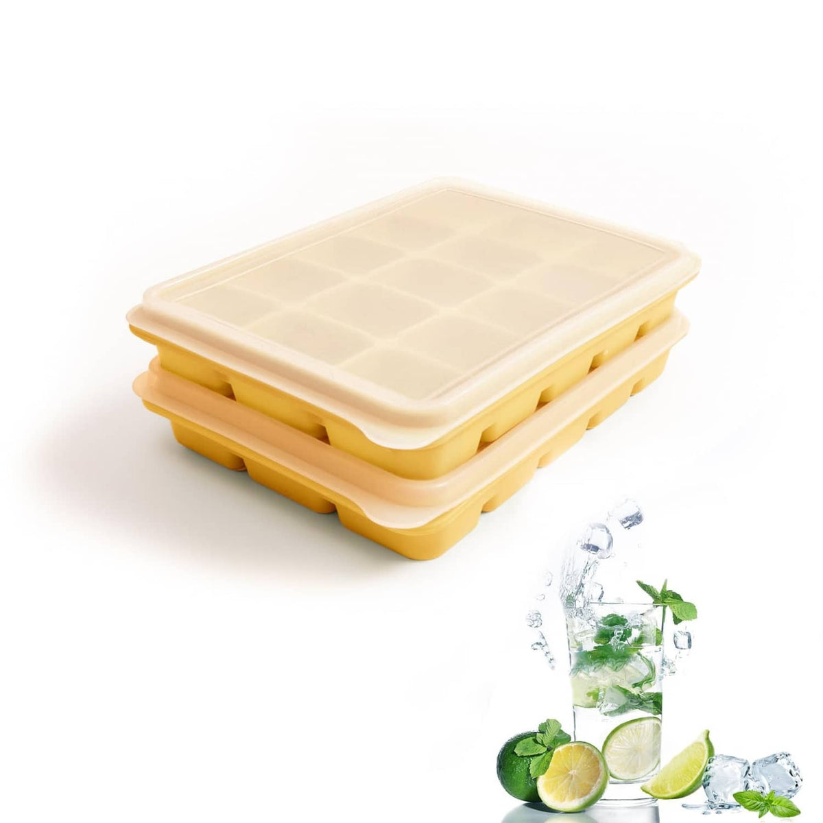 Yellow ice cube tray set of 2 with matching lids, stacked for freezing