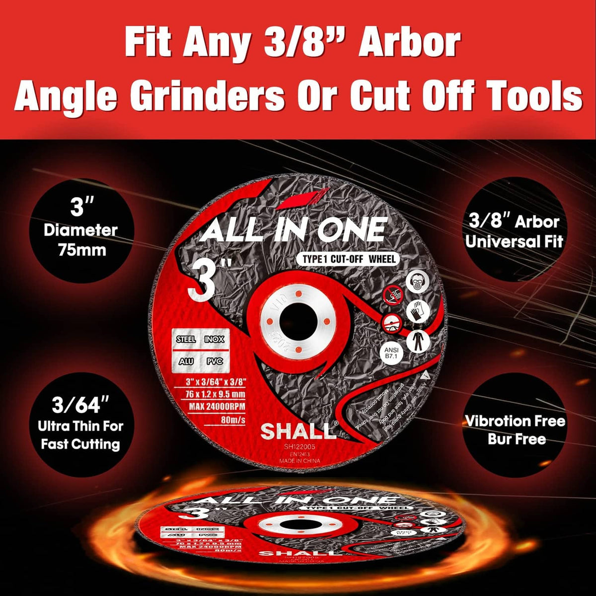 Ultra-thin 3 in cut-off wheel for 3/8 in arbor, red center label