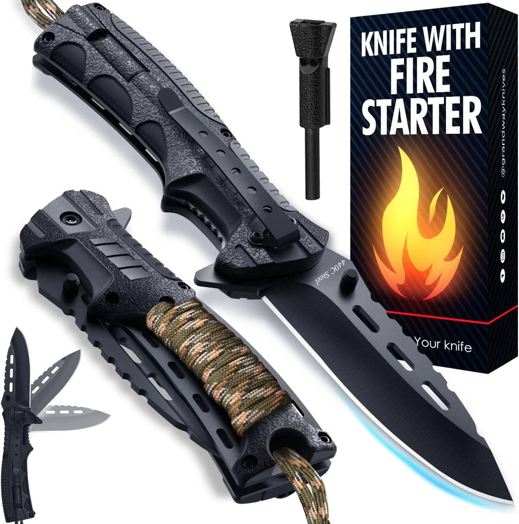 Black folding pocket knife with serrated blade, paracord handle, and fire starter