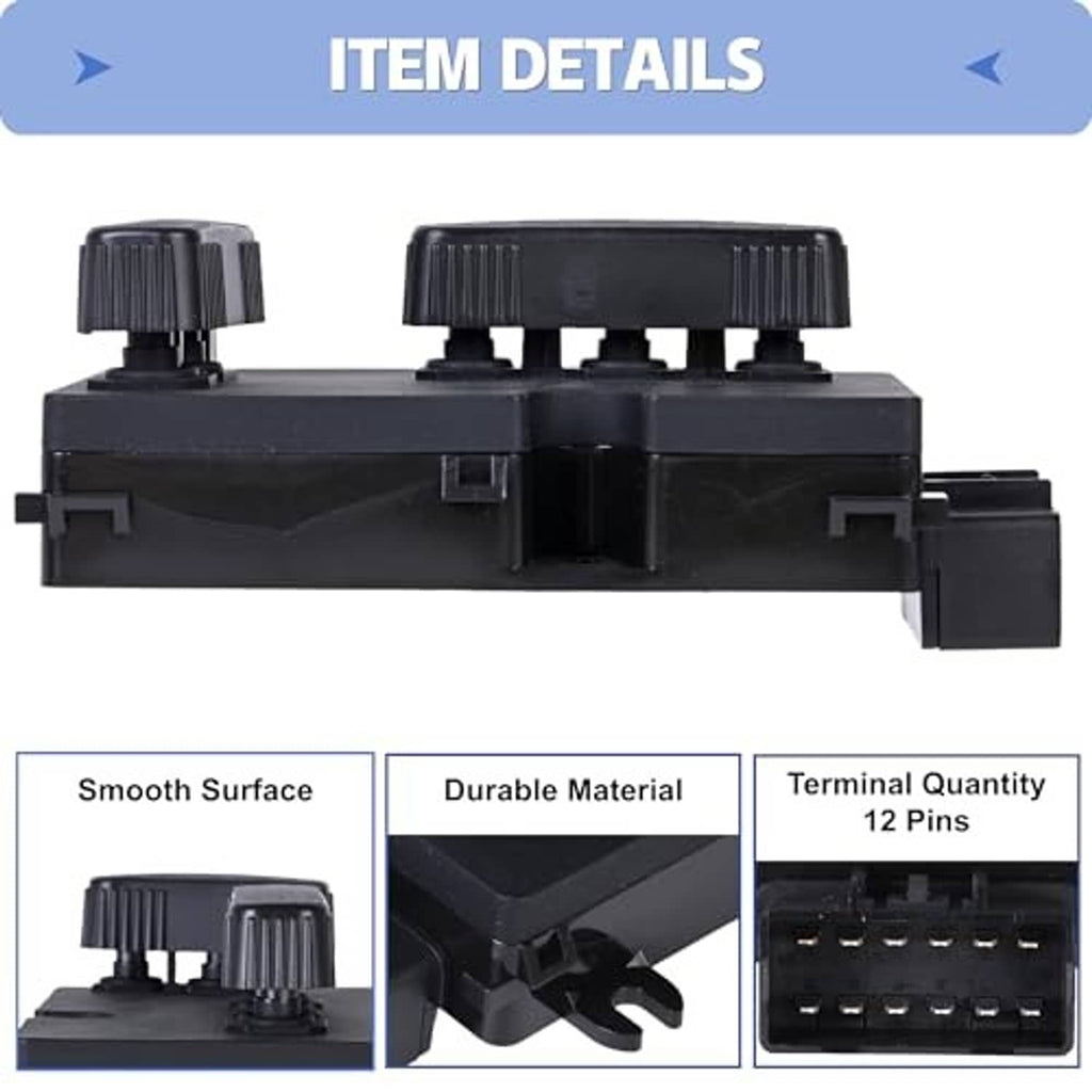 Black power seat switch with ribbed control knobs and multi-pin connector housing