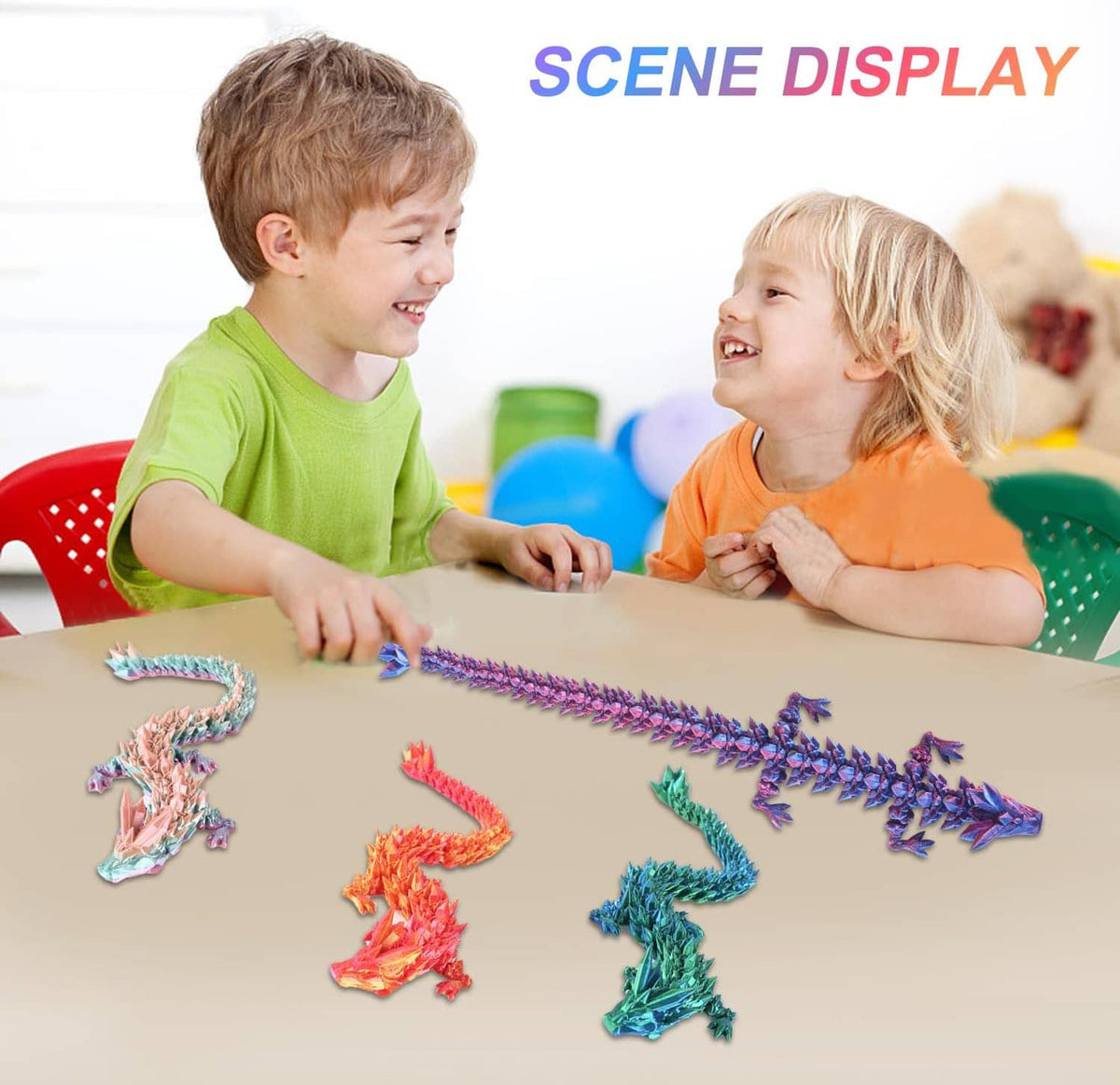 Colorful articulated 3D crystal dragon pieces scattered during children’s play