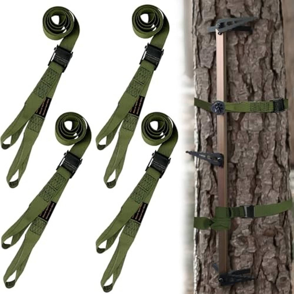 Four-pack olive climbing straps with buckles, shown with one strap secured around a tree