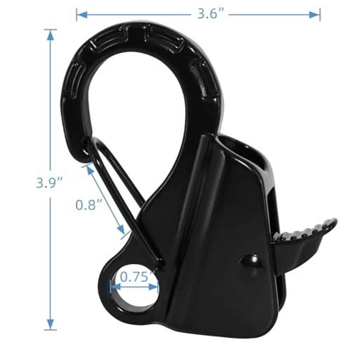 Black sliding anchor hook with labeled measurements, oval ring and side lever
