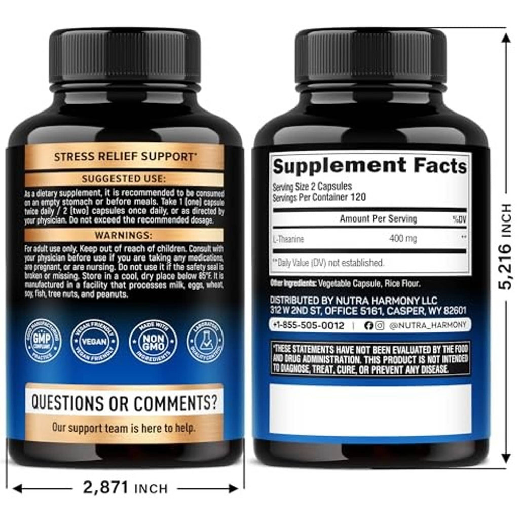 Two-sided view of L-theanine supplement bottle with “Supplement Facts” label