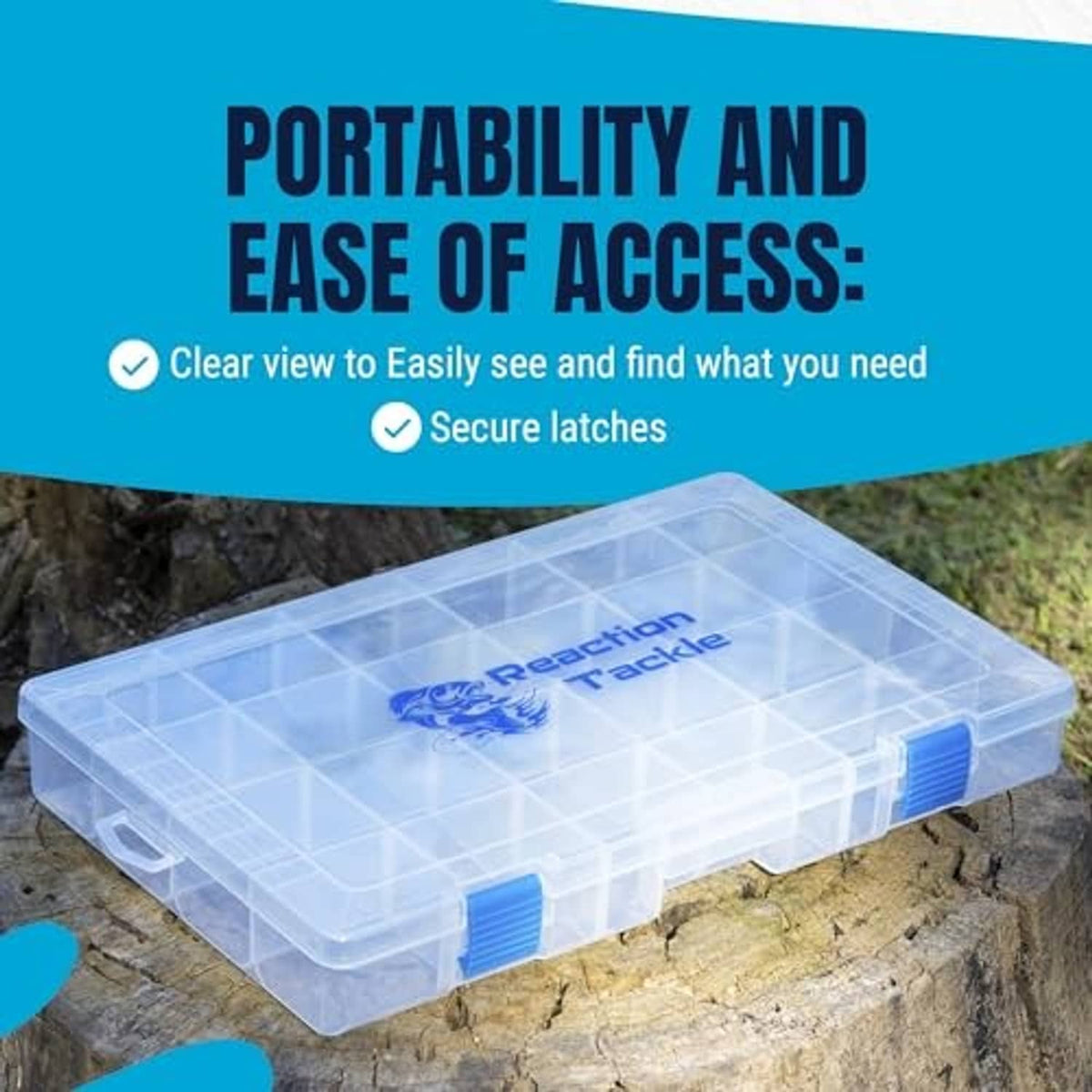 Clear fishing tackle tray with grid dividers and blue side latches for portable storage