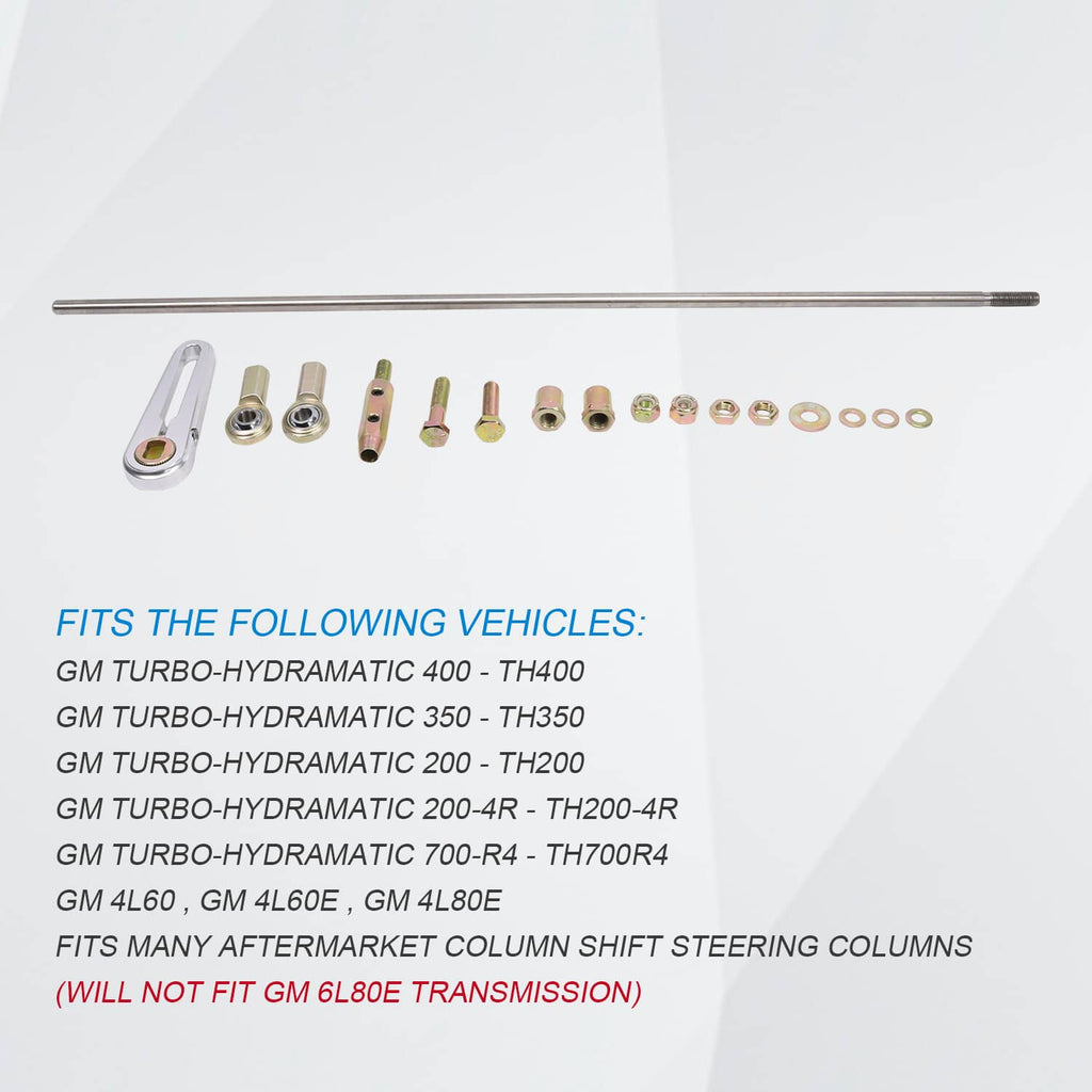 Universal column shift linkage kit with long rod, oval bracket, and small fasteners