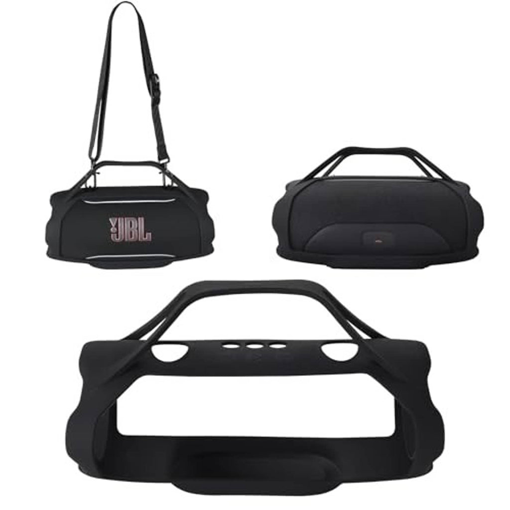 Black silicone speaker cover with shoulder strap and top carry handle
