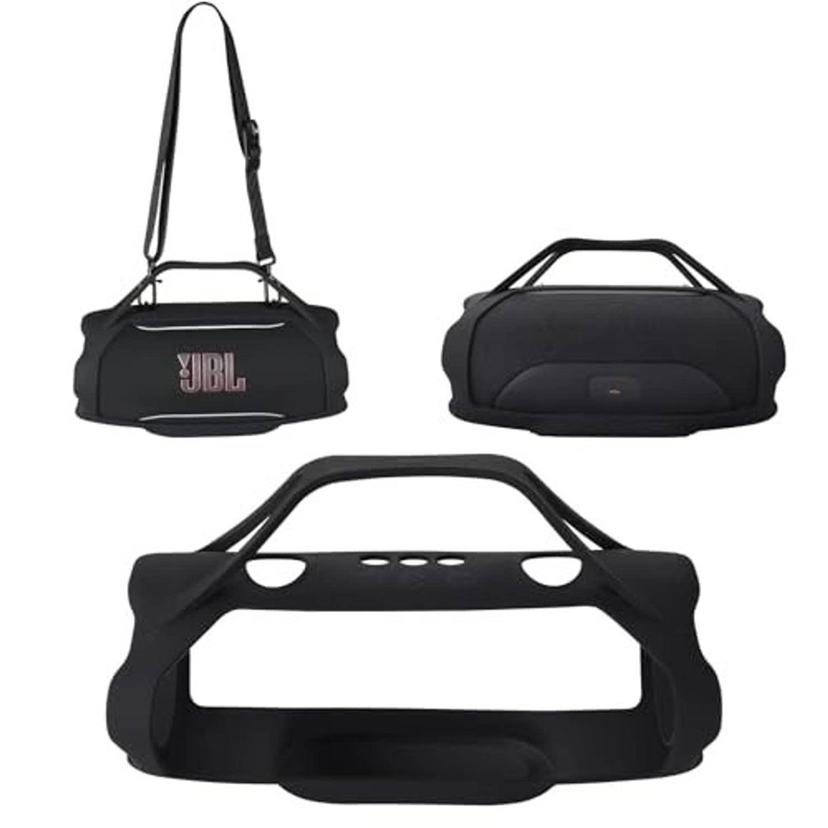 Black silicone speaker cover with shoulder strap and top carry handle