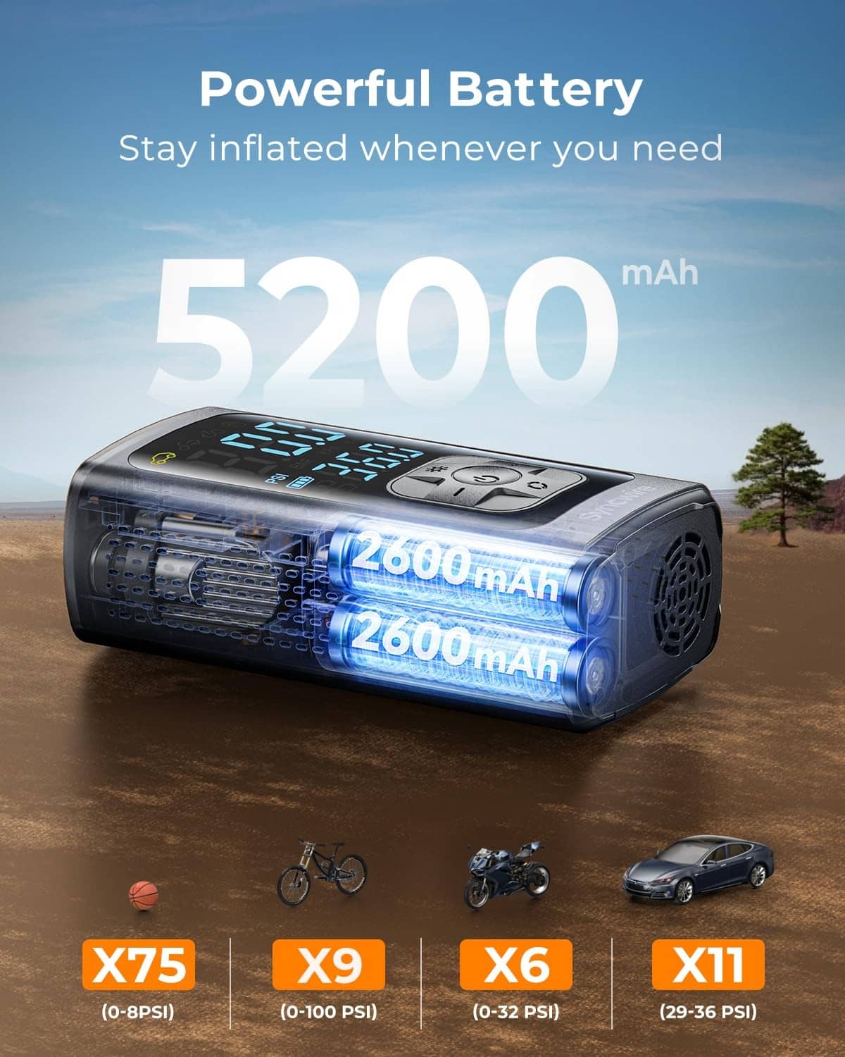 Compact portable air compressor cylinder body with lit digital display panel