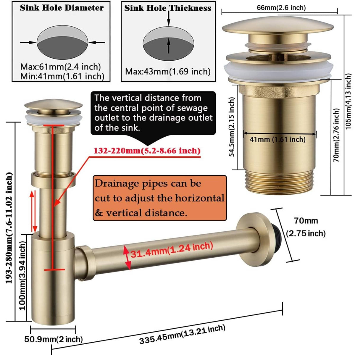 Brushed gold brass bottle P-trap dimension chart showing sink hole and outlet sizes