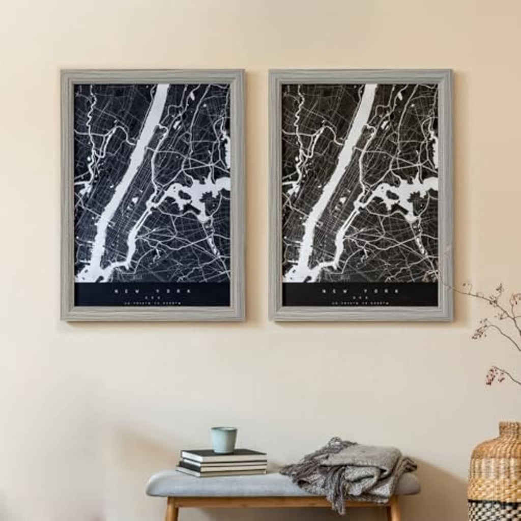 Two 8x10 grey woodgrain wooden picture frames with clear glass and map prints