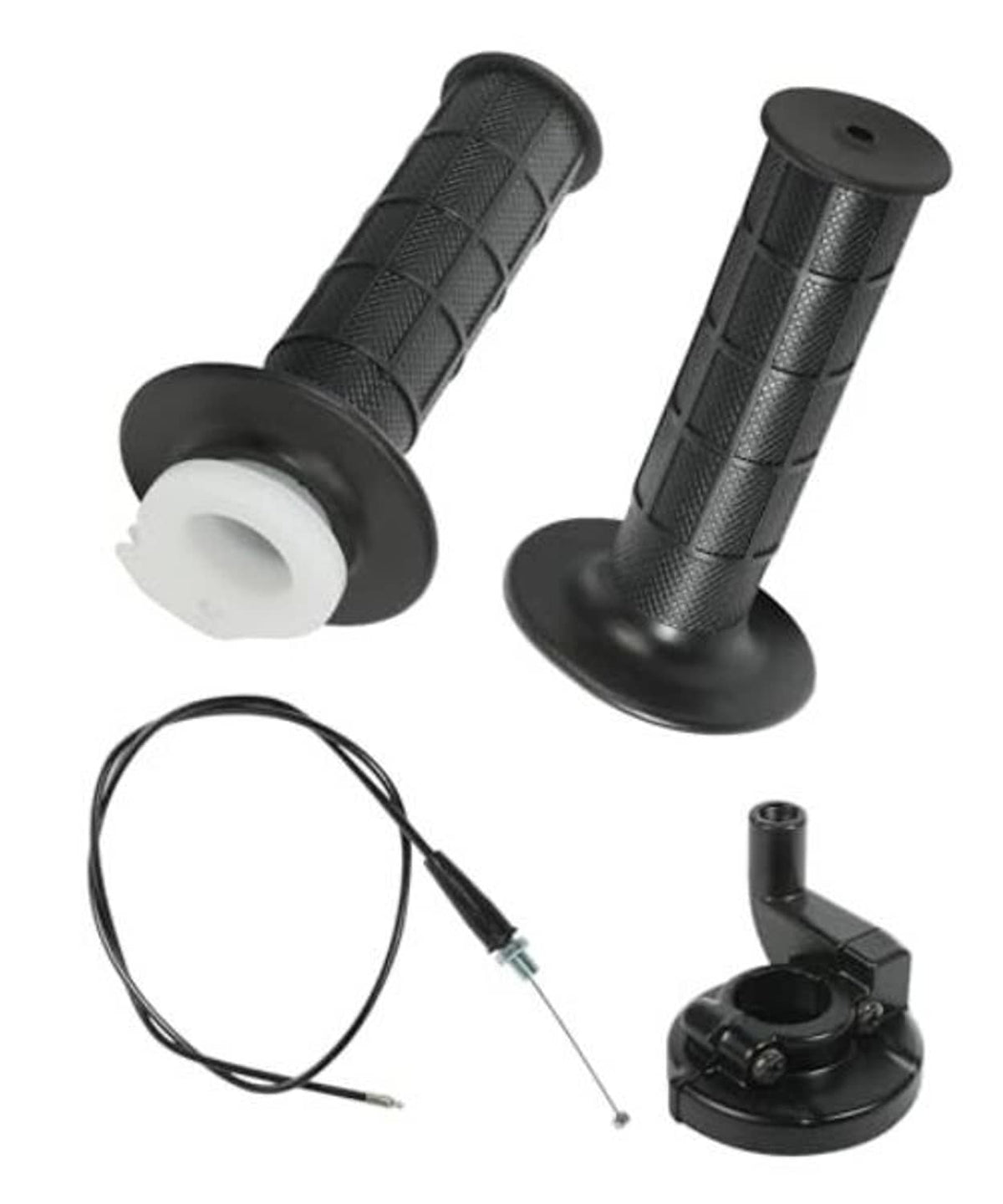 Universal mini bike throttle kit with two black grip covers, cable, and throttle housing