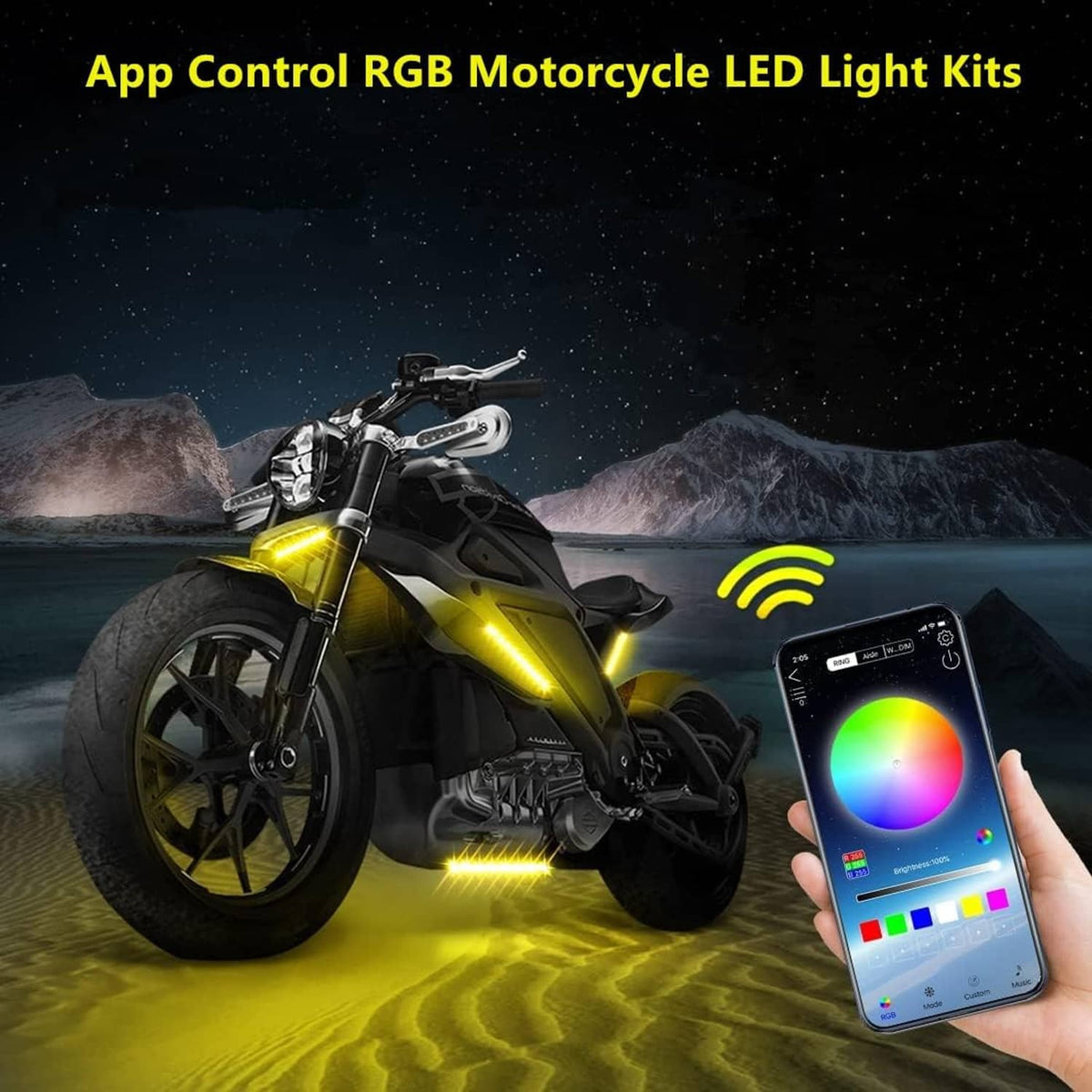 App control RGB motorcycle LED light kit with color-selection smartphone