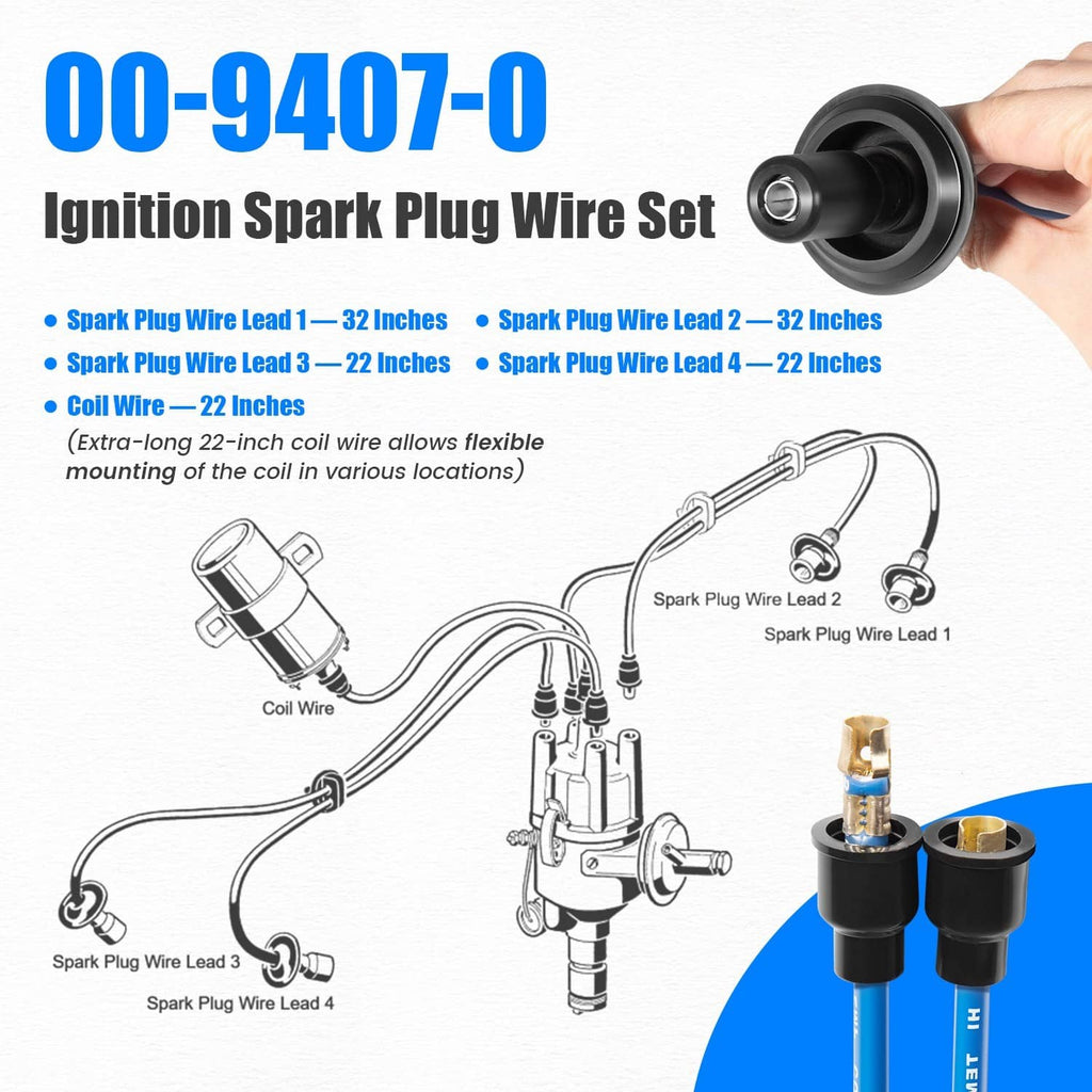 Ignition spark plug wire set with blue wires and black coil-to-plug connectors