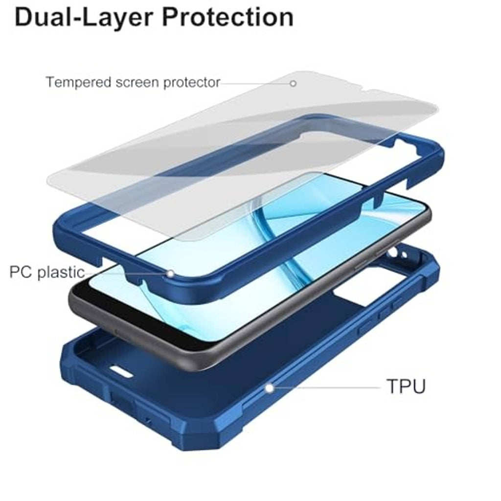 Blue dual-layer phone case with clear screen protector and TPU frame