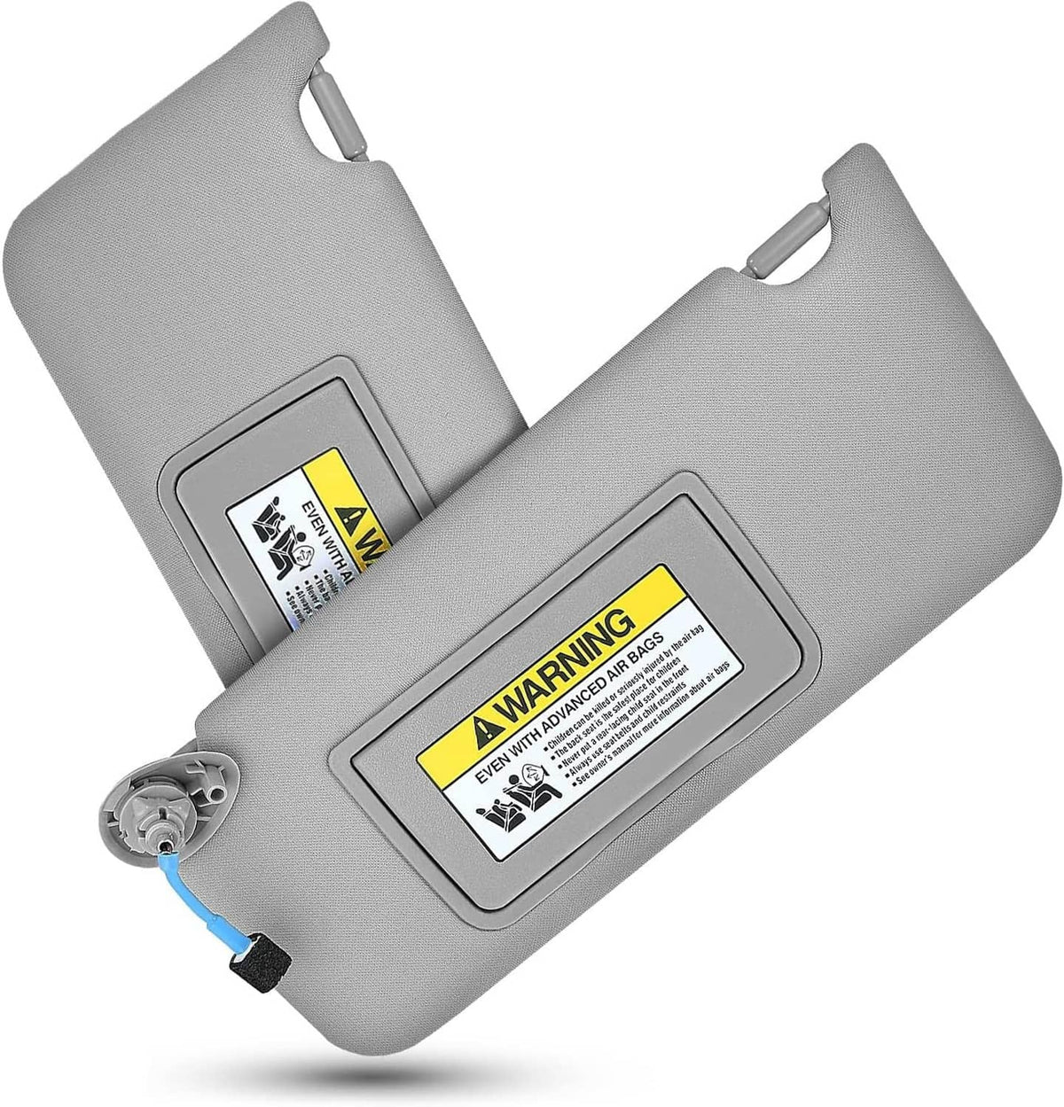 Gray sun visors with warning label, blue connector, and LED mirror housing