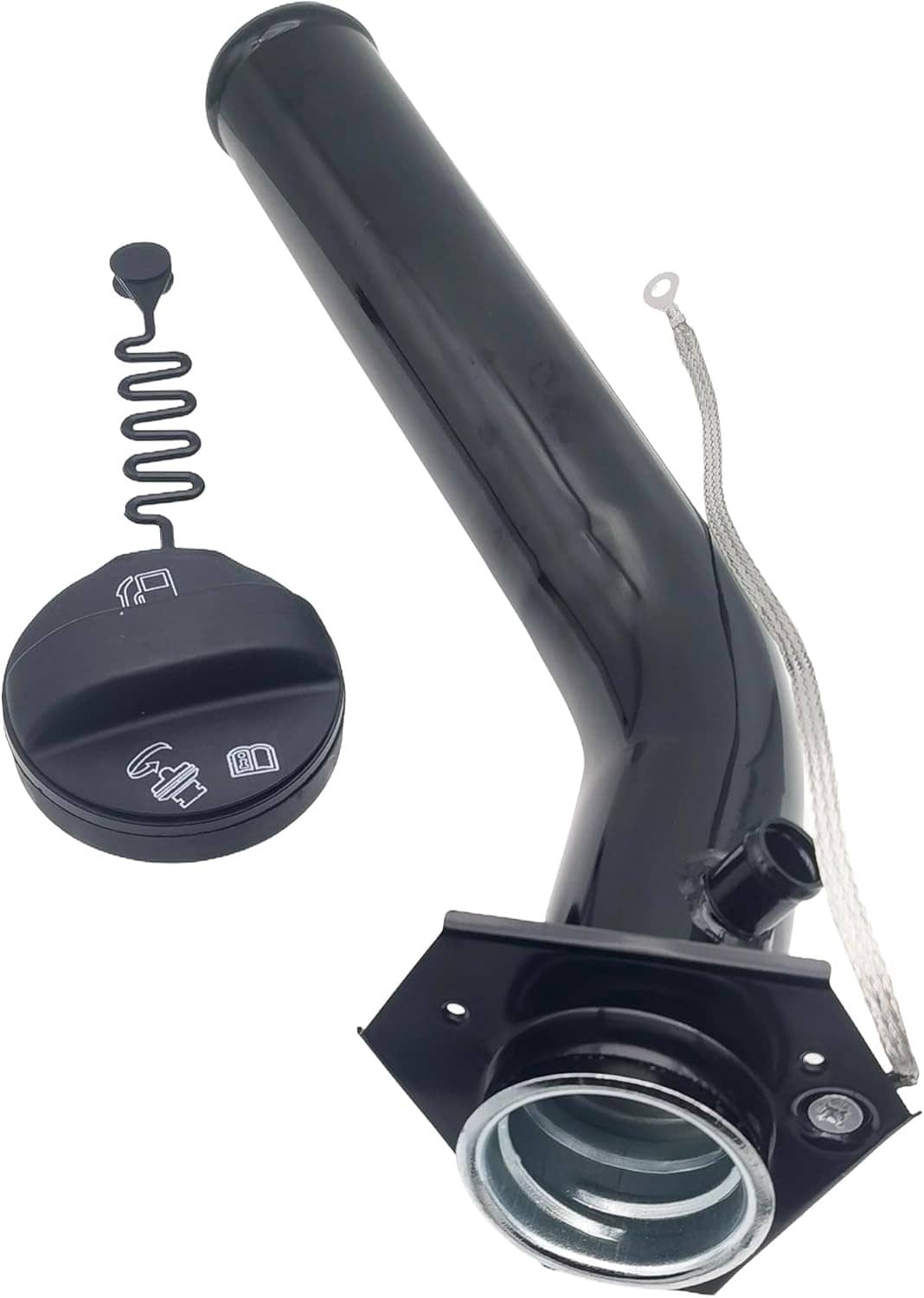 Black fuel filler neck hose with fuel cap and metal mounting plate