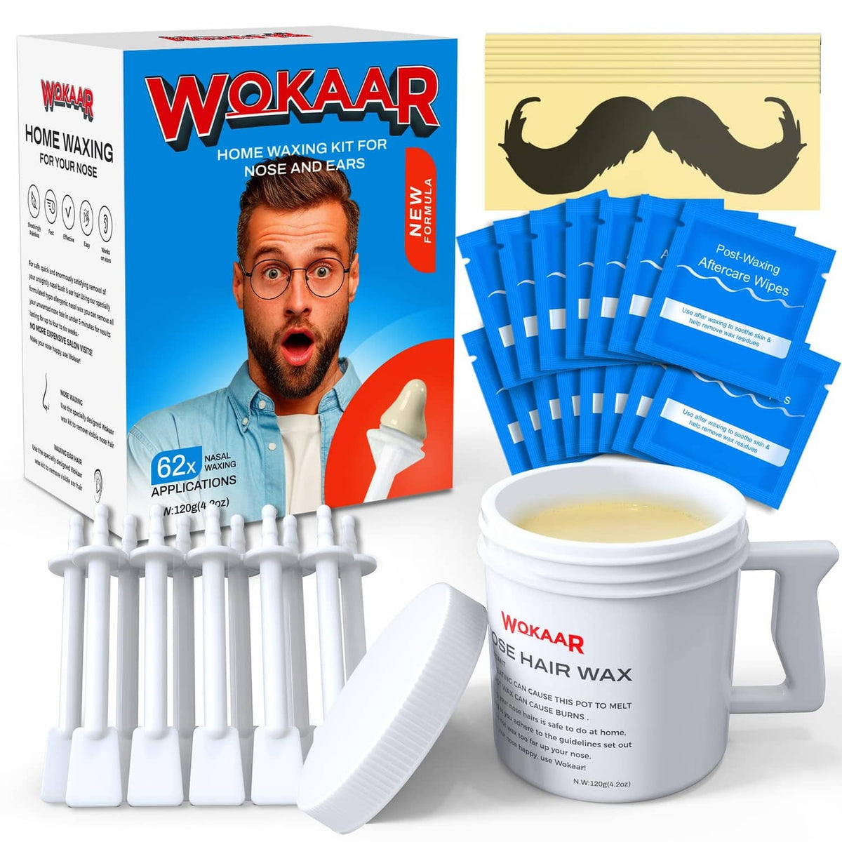 Nose wax kit box with wax pot, applicators, and blue post-wax wipes