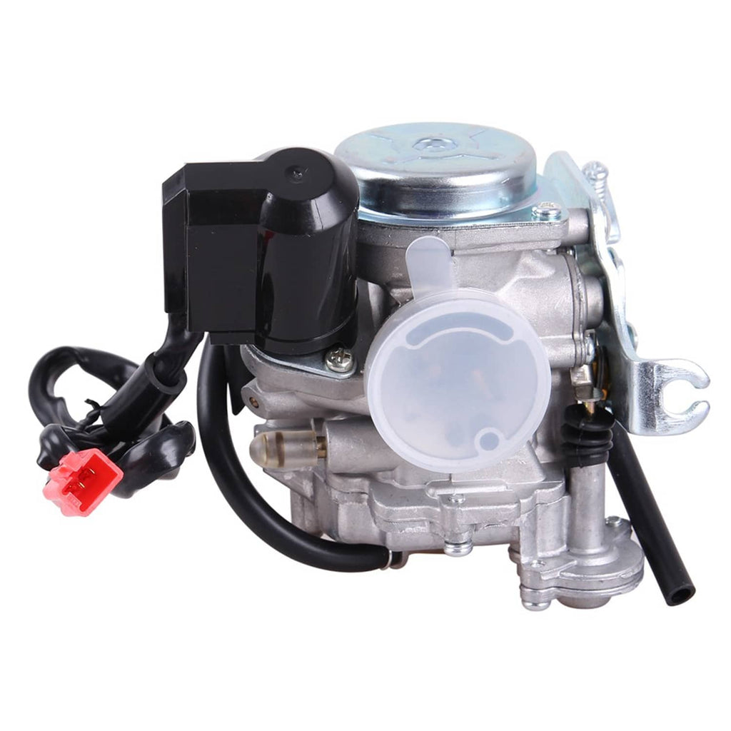 Carburetor with round translucent cover, black sensor housing, and black wiring harness