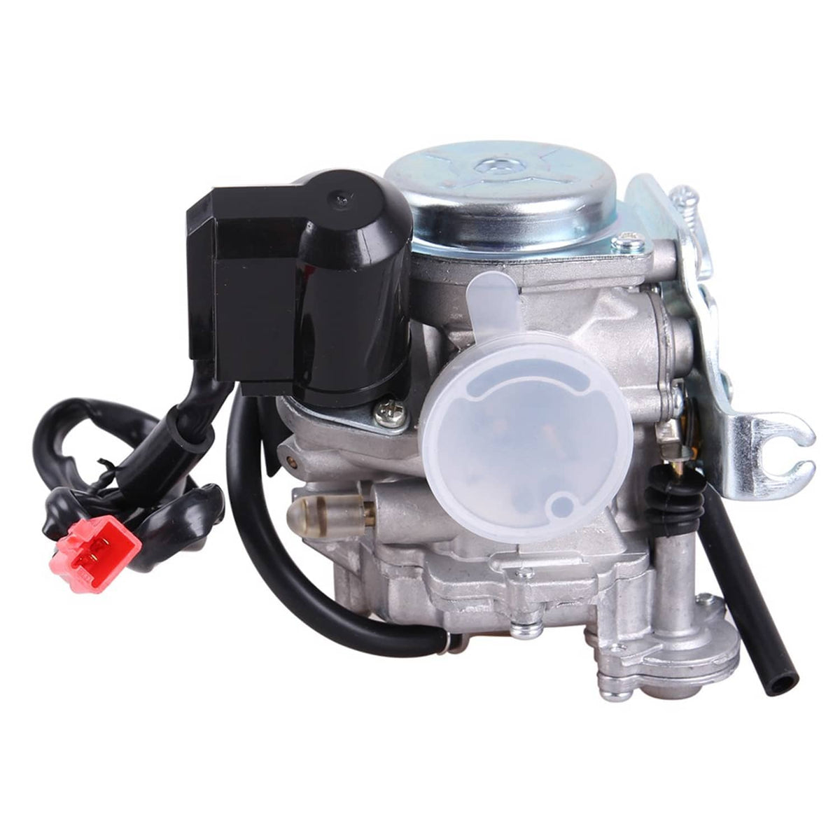 Carburetor with round translucent cover, black sensor housing, and black wiring harness