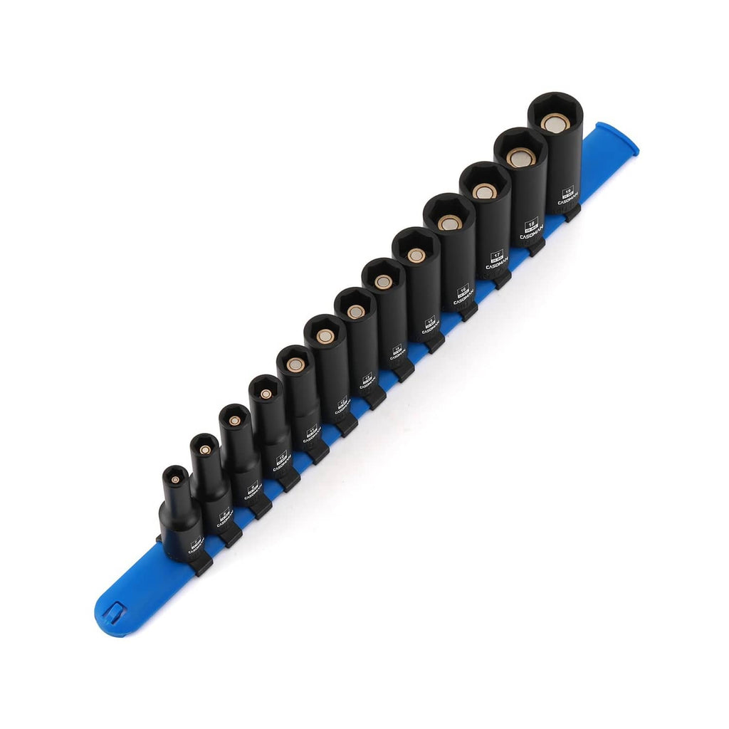 3/8 in drive deep impact socket set with black magnetic sockets on blue rail