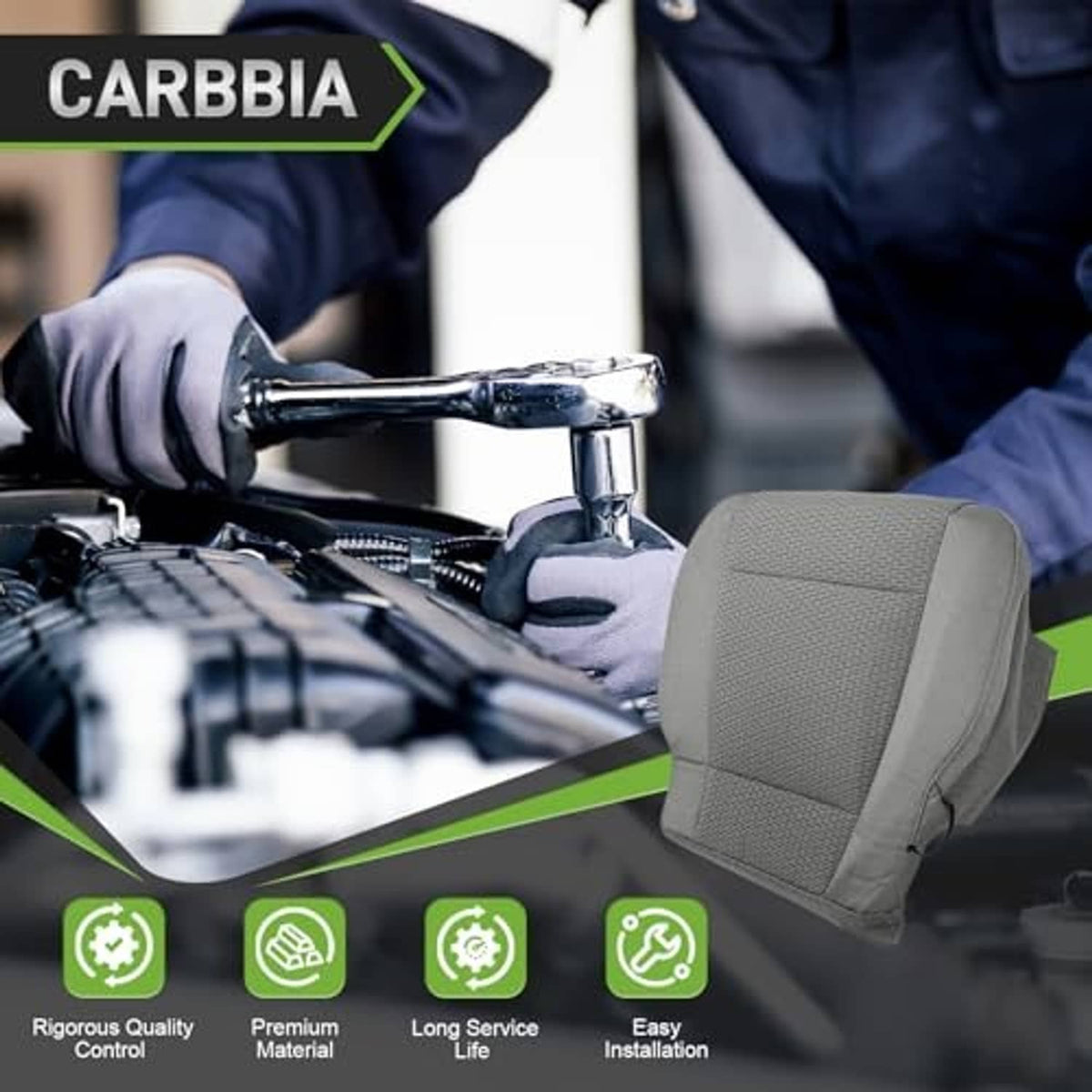 Gray driver seat bottom cover shown in engine bay with a mechanic’s tools nearby