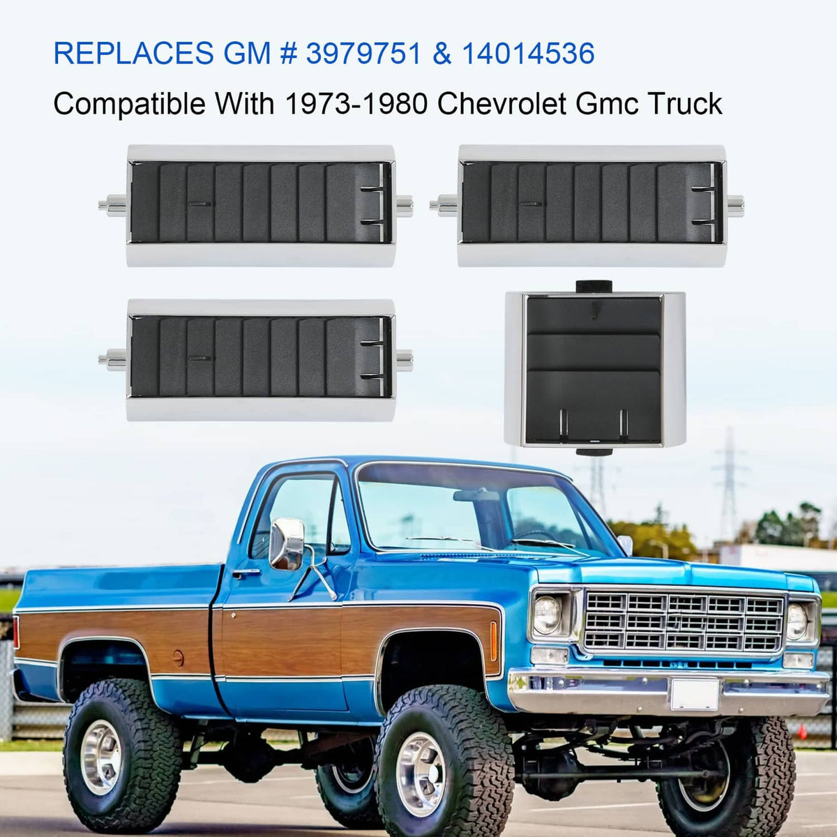 A/C dash vent set for a Chevrolet/GMC truck dash, four black vents with silver outer frames.
