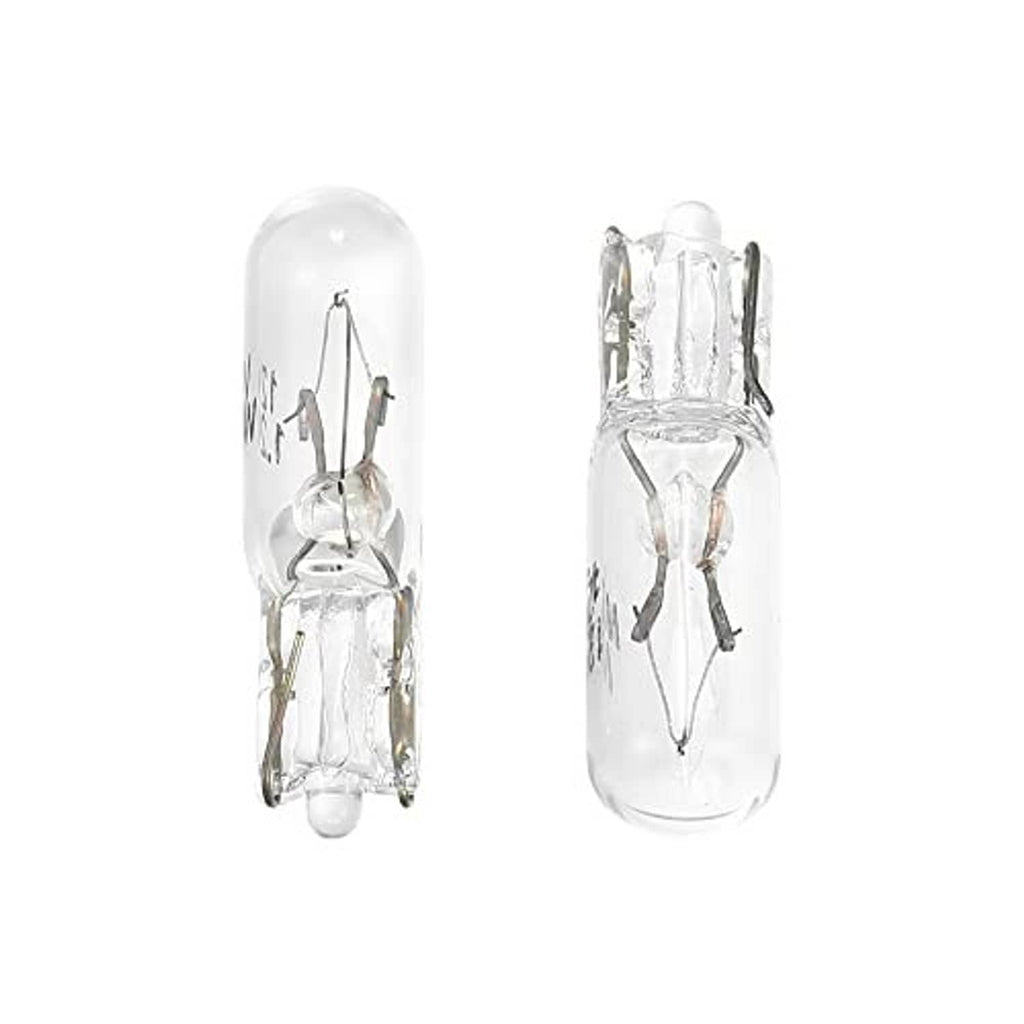 T5 W1.2W LED dashboard bulb shown front and side, clear transparent glass