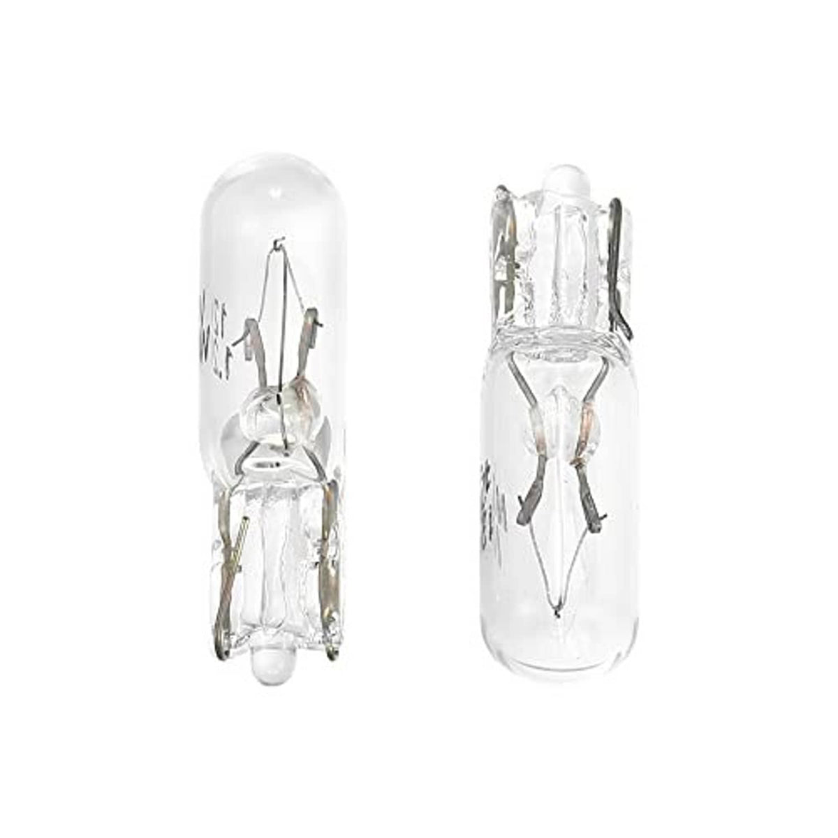 T5 W1.2W LED dashboard bulb shown front and side, clear transparent glass