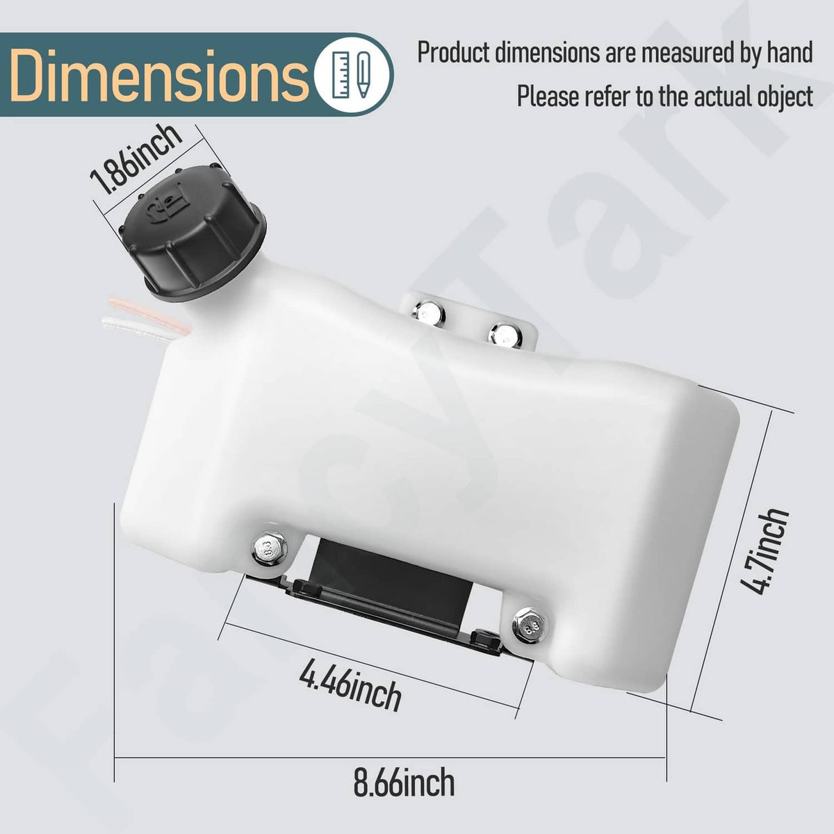 White three-tab fuel gas tank with black fuel cap and metal mounting brackets