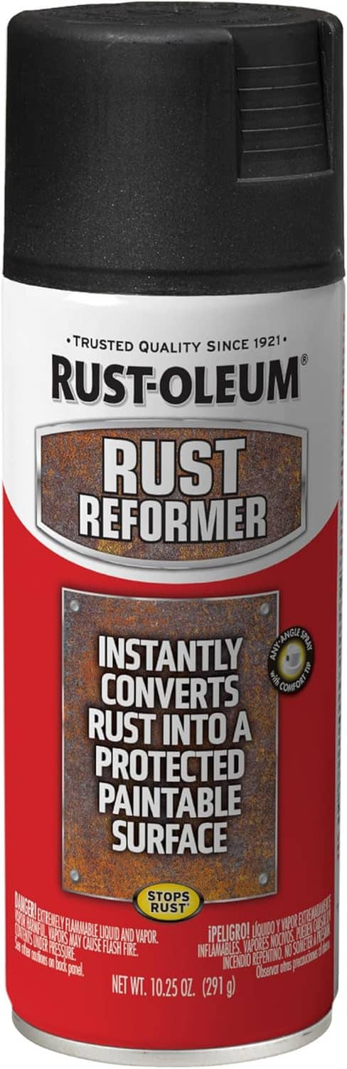Matte black Rust-Oleum Rust Reformer spray paint can with red label